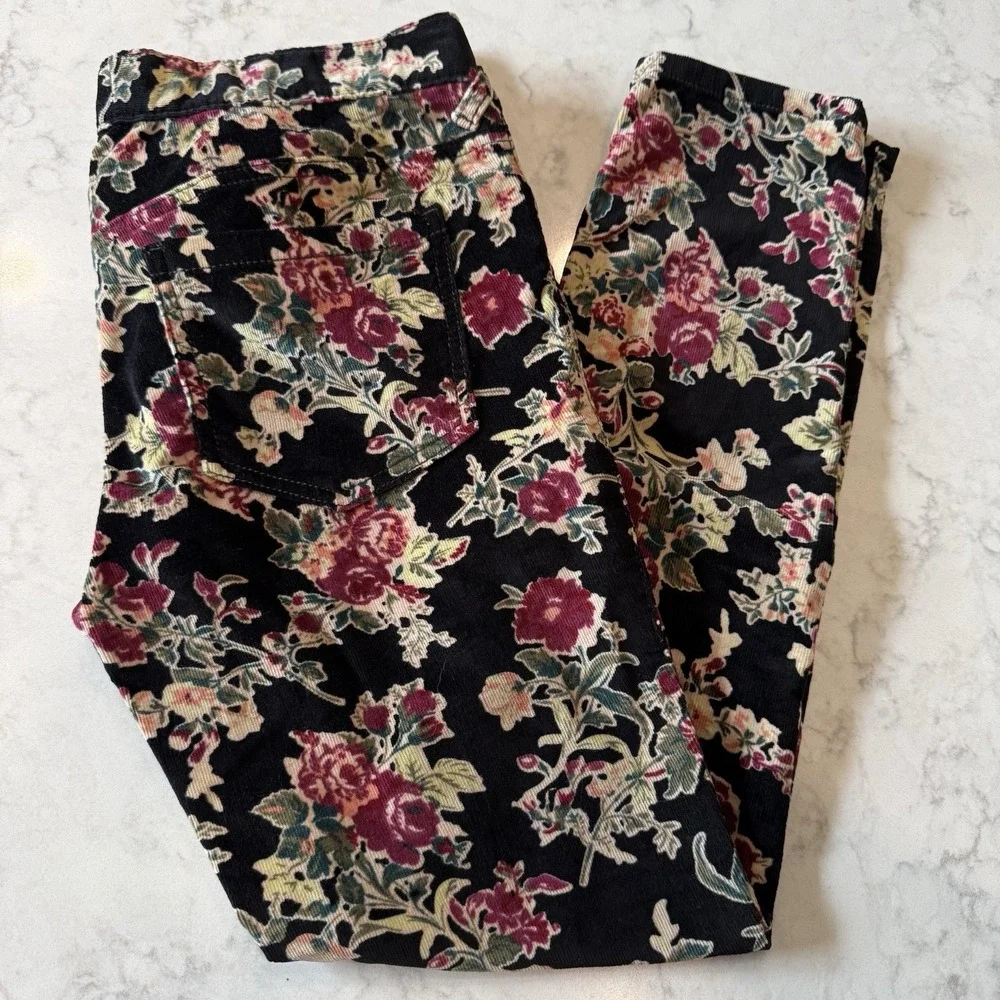 Free People Pants Mid-Rise Corduroy Floral Skinny Slim W 27 Black Burgundy Green